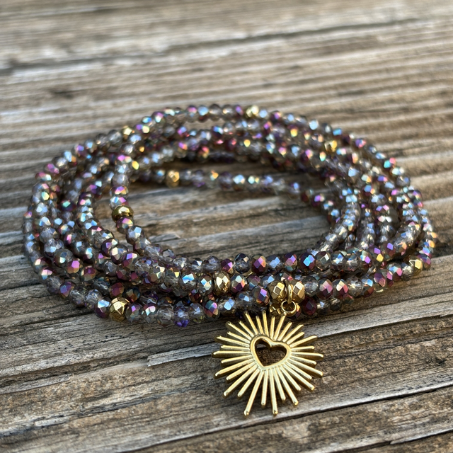 Bracelet Cristal Iridescent 6 tours et Collier Pendentif Coeur