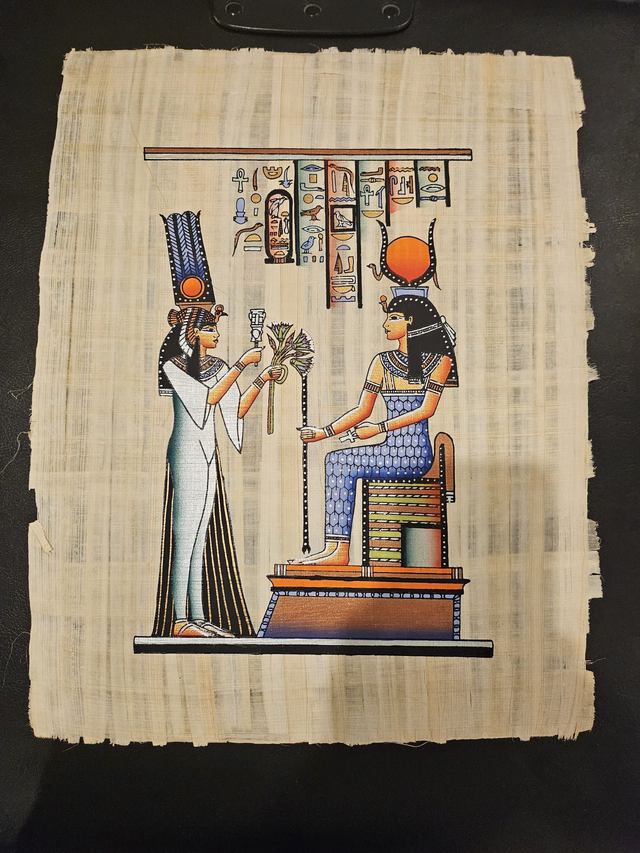 Ancient Egyptian Goddess Hathor & Queen Papyrus Art – Royal Offering Scene Wall Decor – 23 × 33 cm