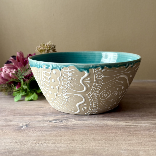 One-of-a-kind ceramic bowl / fruit bowl / large serving bowl, turquoise with white flower decor