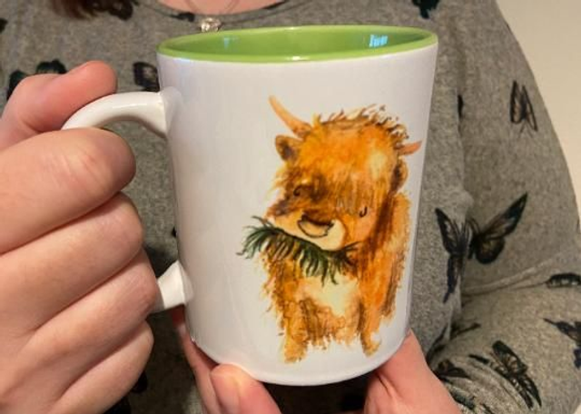 Highland Cow Watercolour Mug with Green Interior