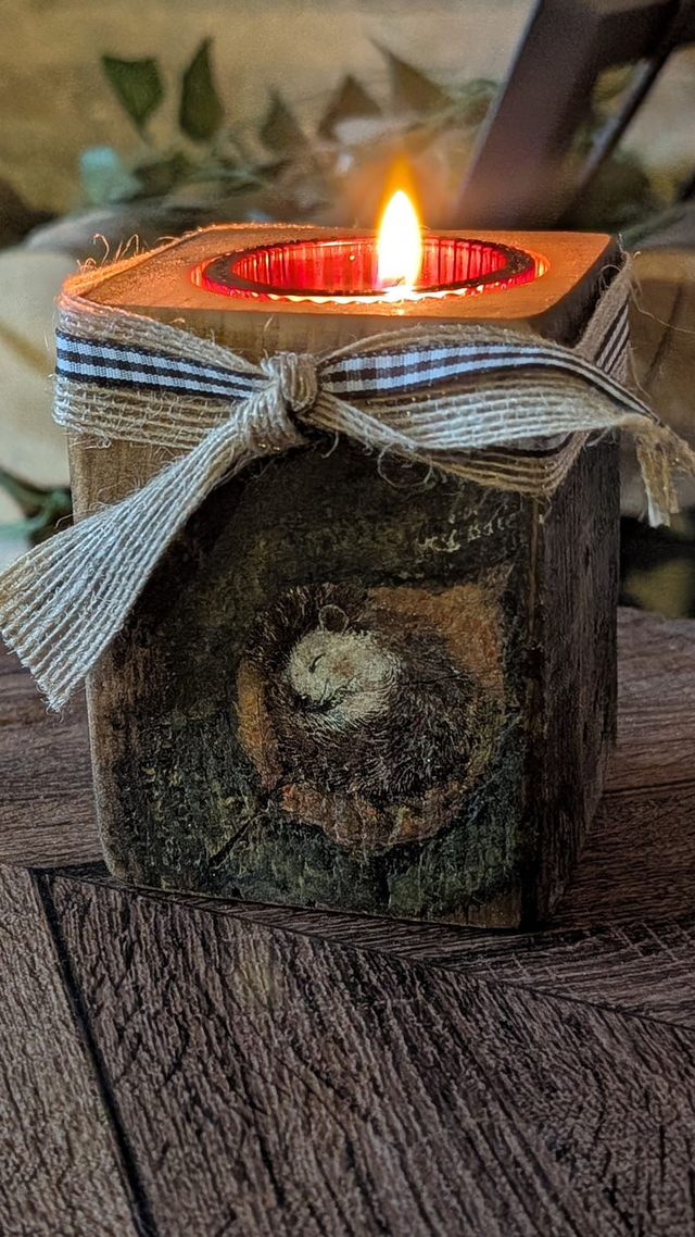 Hedgehog sleeping on leaf - with Glass Tealight Holder