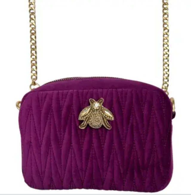 Magenta Velvet Bag with Detachable Chain Strap &amp; Brooch Detail