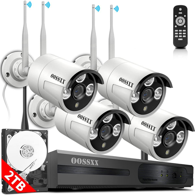 4Pcs Outdoor WiFi Security Cameras 3MP, Surveillance NVR Kits with 2TB Hard Drive