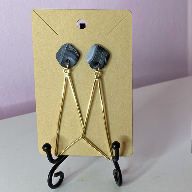 Black Marble Earrings With Gold Geometric Accessories 