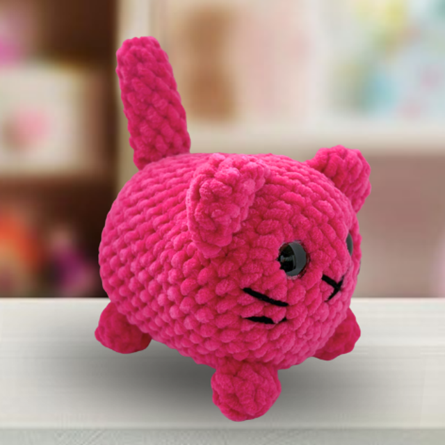 Crochet Chenille Loaf Cat, Hot Pink, Glitter Eyes, ukca Tested