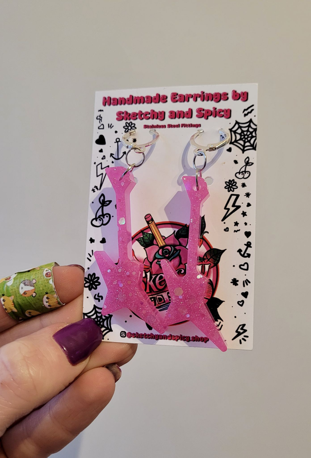 Earrings | Pink Glitter Guitar Earrings | Stainless Steel Hoops