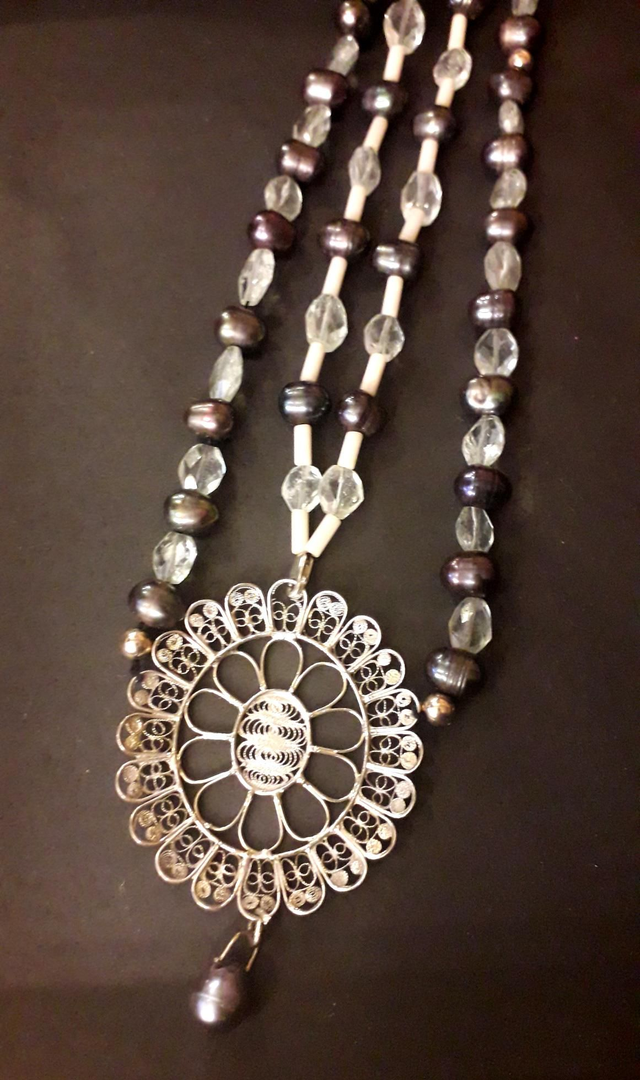 Sautoir perle de culture, aigue marine, corail,argent, vermeil 925