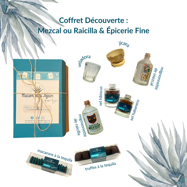 Coffret cadeau découverte mezcal ou raicilla &amp; épicerie fine