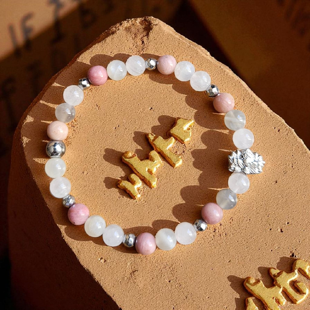 Bracelet Femme "Déesse HATHOR" : Pierre de Lune, Quartz Rose &amp; Rhodonite