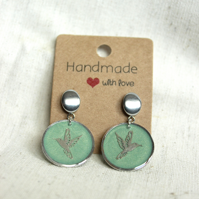 Boucles d’oreilles pendantes Colibri vert nacré – Argenté - Pièce unique
