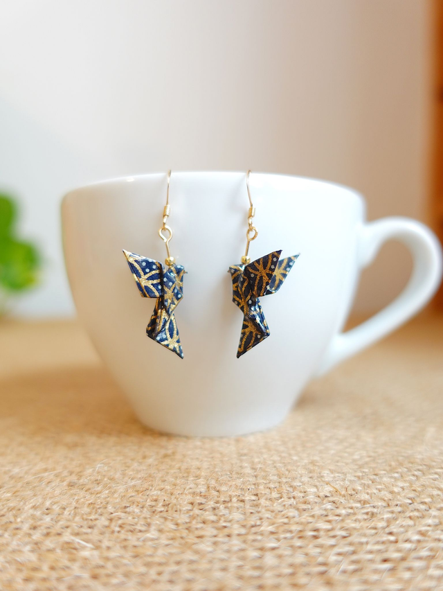 Origami Colombe, oiseau / GOLD FILLED, Or laminé / Boucles d'oreilles / Papier japonais washi / Bleu gris, or / Bijou japonais origami /