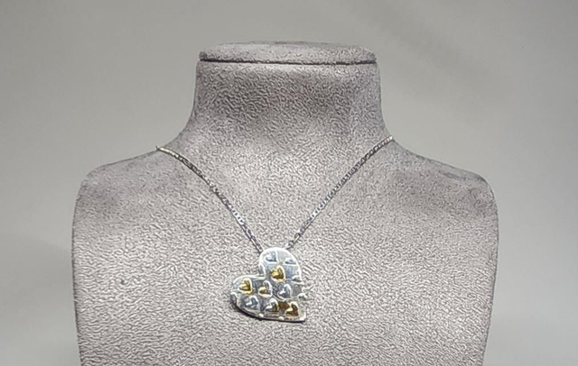 Large bleeding heart fine silver and 24K goild foil necklace