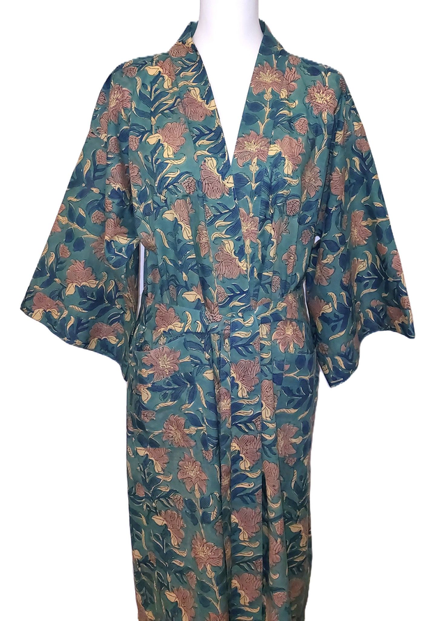 Robe kimono en coton - Peignoir, robe de chambre - Imprimé à la main, motif floral - Beige et vert - L100cm et L120cm