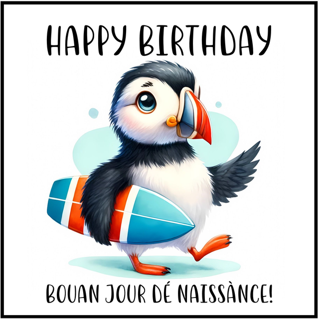 100 CARD - OCCASION BIRTHDAY PUFFIN SURFBOARD
