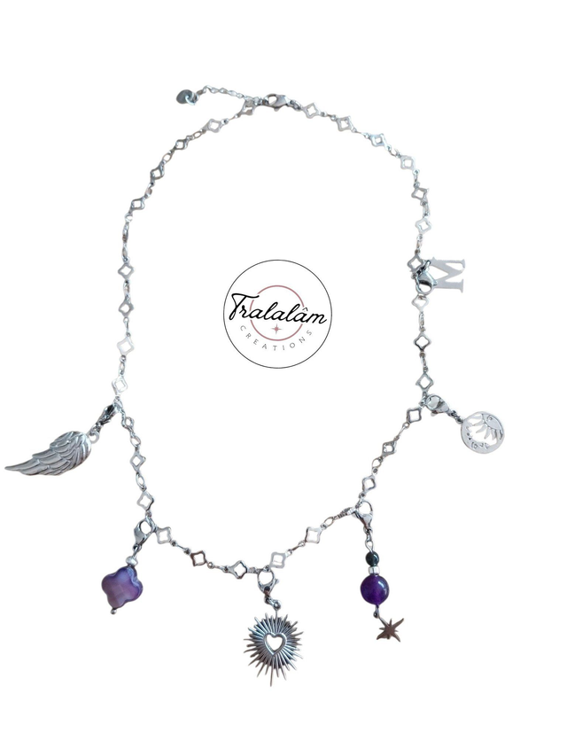 ✨Collier à breloques porte-bonheur "argenté violet"✨