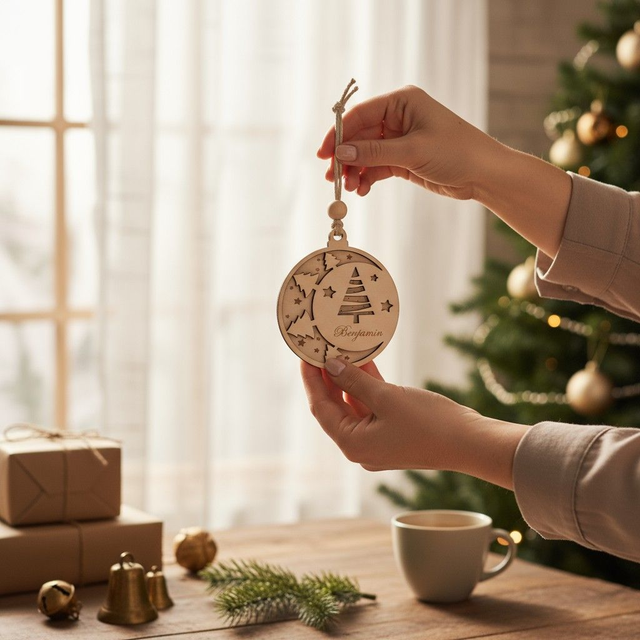 Boule de Noël en bois personnalisée - décoration de sapin gravée, déco Sapin design