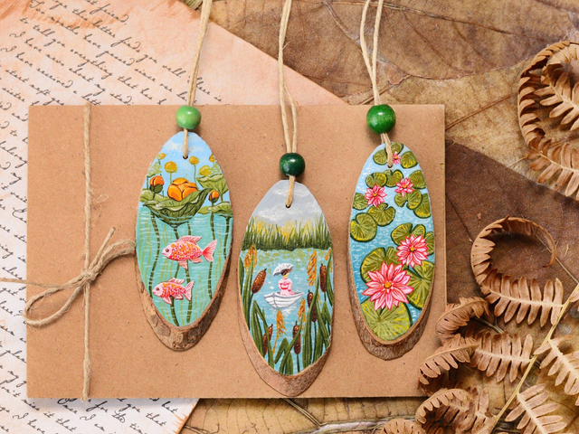 &quot;Lake Trio&quot;  wood slice painting set