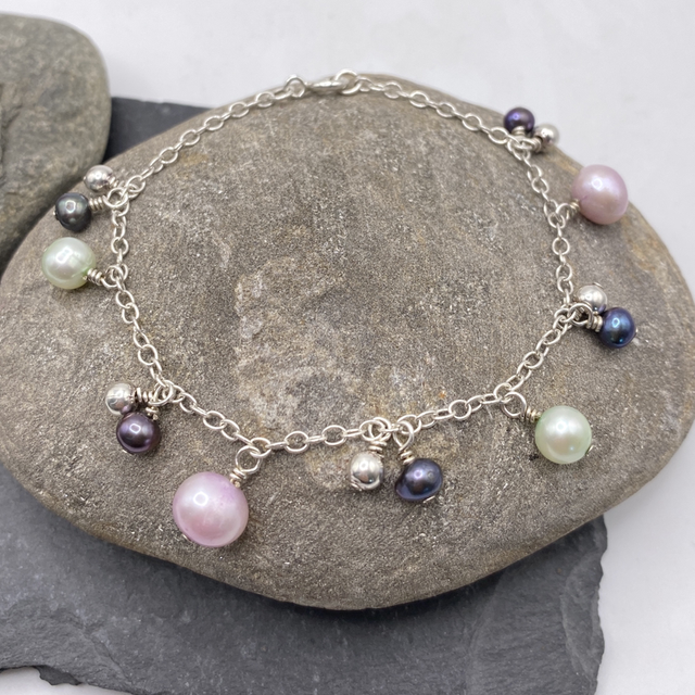 REFURBISHED Pink &amp; Purple Dyed Pearls Bracelet in Sterling Silver 7&quot;