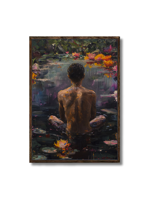 Homem meditando no lago de Lótus