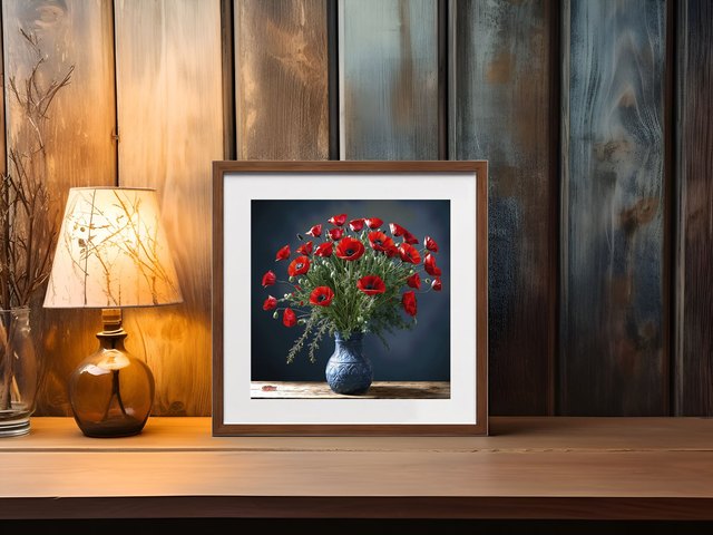 Photo encadrée “Bouquet de Coquelicots” – Art floral rouge &amp; noir, tirage d’art de qualité musée, décoration murale élégante et intemporelle