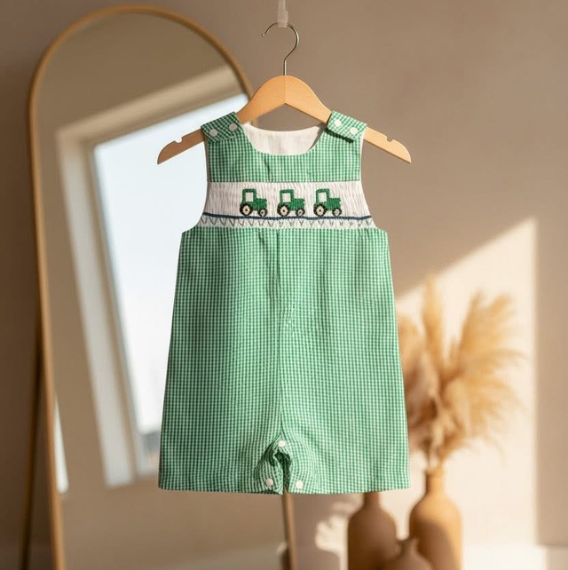 Boys Green Smocked Tractor Dungarees