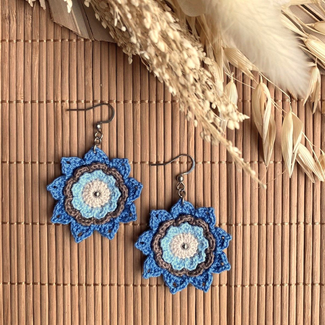 Boucles d’oreilles fleurs Corolles ~ L ~ Bleu / Taupe