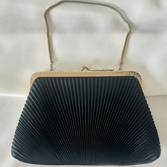Vintage Black Pleated Satin Evening Clutch Bag