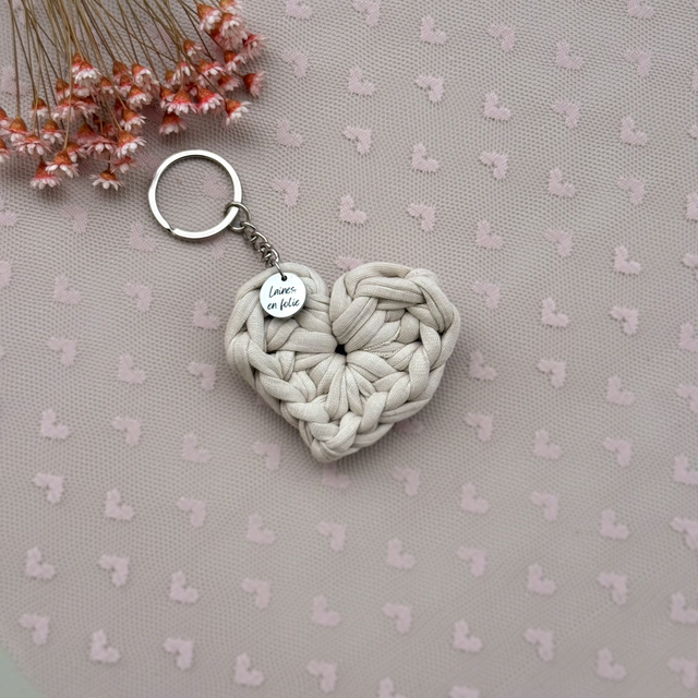 Porte-clés cœur beige en coton recyclé