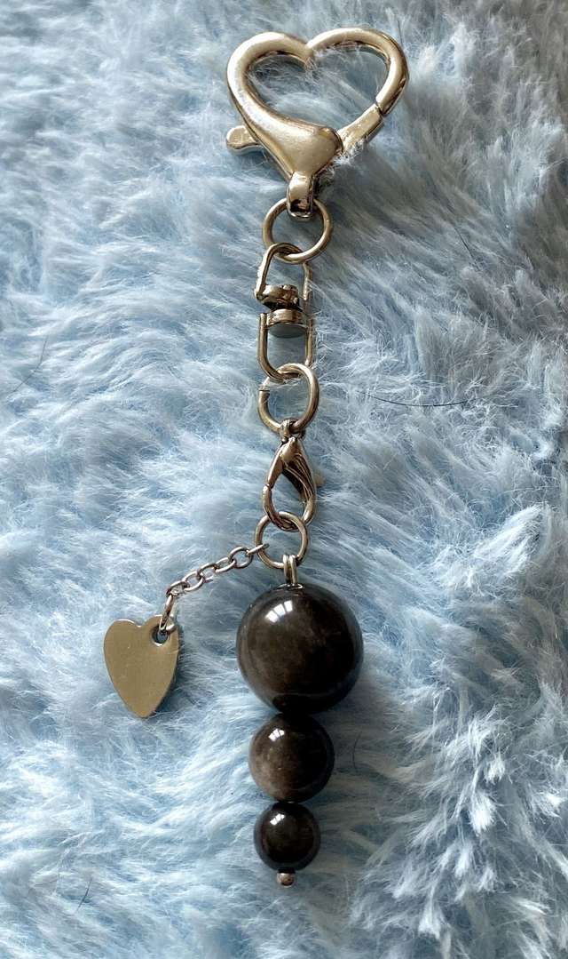Porte-clés Coeur et Obsidiennes argentées