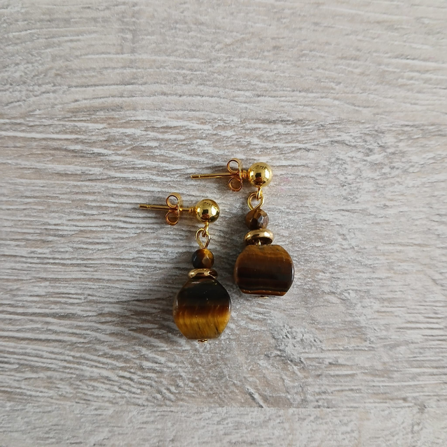 Dames oorbellen Tijgeroog – goudkleurig RVS (1.335)