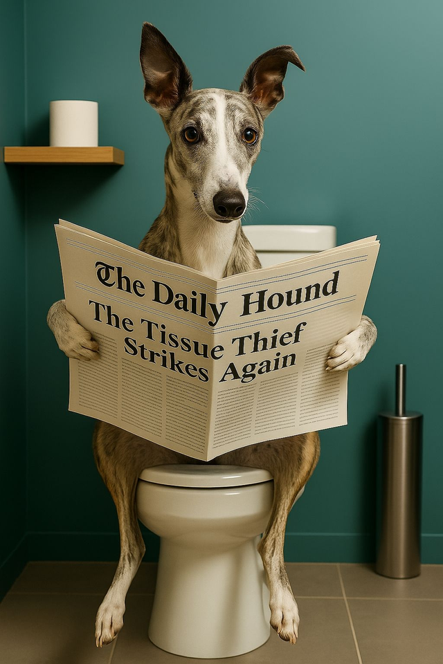 Whippet on the Toilet Framed Canvas
