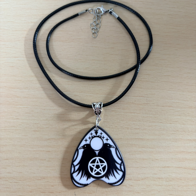 Crow planchette necklace 17”-19” black cord 