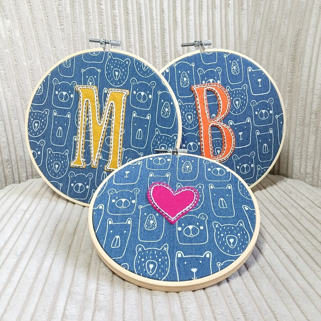 BEAR FABRIC Hoop Art: READY-MADE letters and hearts