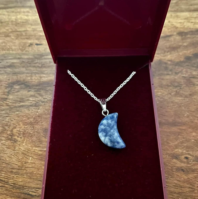 Sodalite moon on 18” silver plated chain 