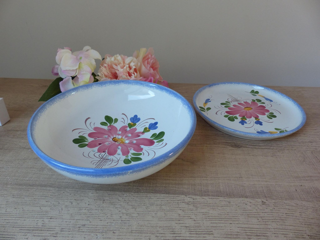 Ensemble Égouttoir et Plat à Fruits - Faïence Artisanale Pornic, Peint Main, Style Cuisine Française, Motifs Floraux, Déco Cuisine Campagne