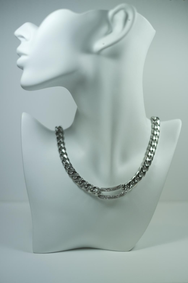 Collier maille cubaine en acier inoxydable et zirconium