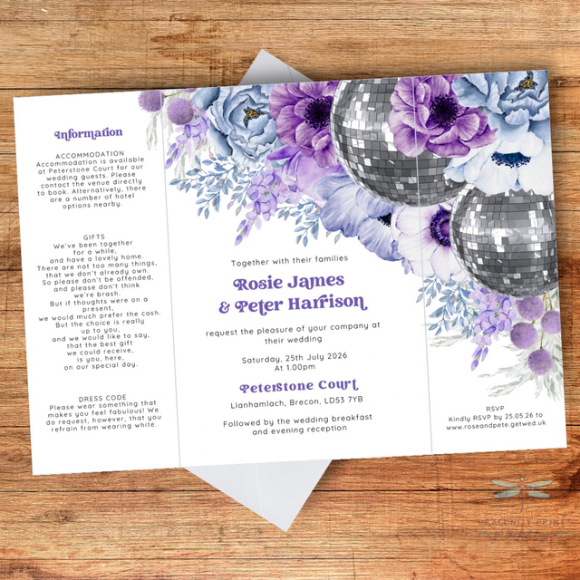 Mirror balls, dusky blue, dusky purple and lilac florals - Gatefold Wedding invitation VP