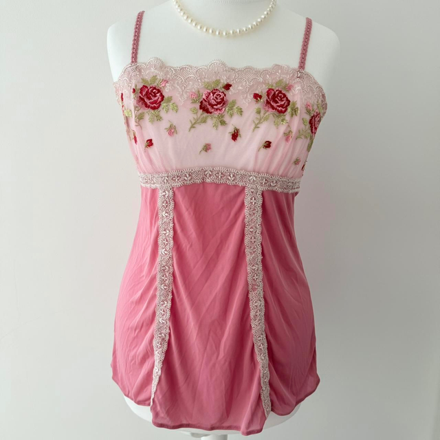 japanese brand pink floral embroidered cami top 