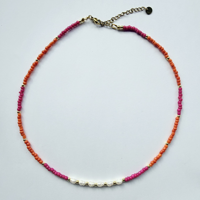 GIGI - Pink & Orange Pearl Beaded Choker Style Necklace