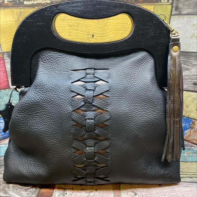 Midnight leather woven clutch 