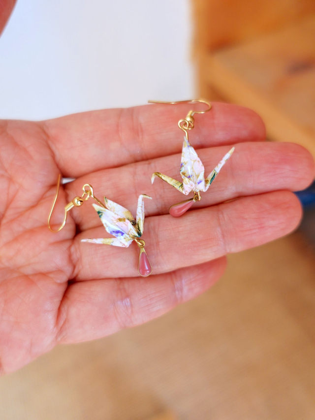 INOX doré / Origami grues, oiseaux / Papier japonais washi / Rose, violet, or / Boucles d'oreilles origami /