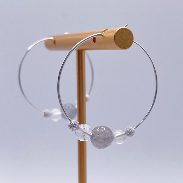 Boucles d’oreilles créoles argent labradorite et cristal de roche 