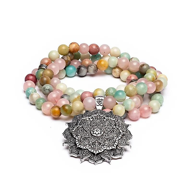 Mala – Quartz Rose, Amazonite &amp; Rhodonite - avec lotus 108 perles 