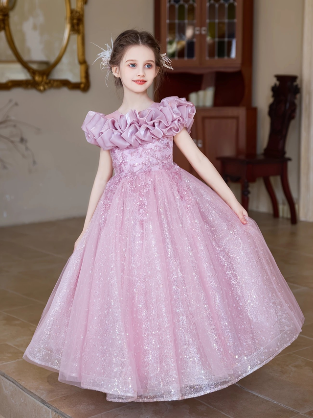 Girls' Elegant Sleeveless Floral Princess Dress with Sequins