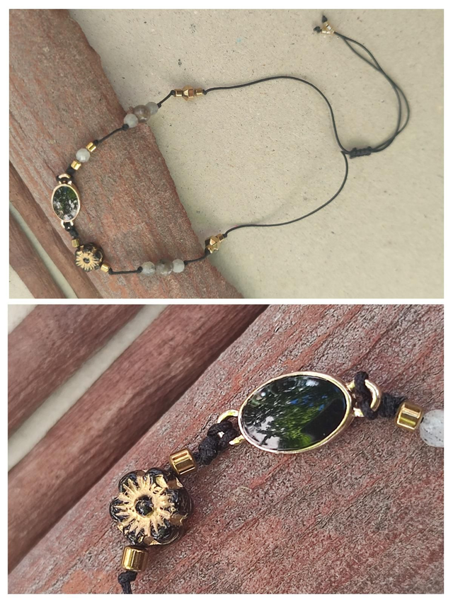 Bracelet email noir et fleur noire &amp; or en verre, réglable et résistant 