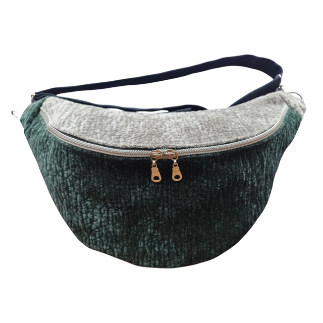 Sac banane en tissu Luxe bicolore vert bronze & gris, effet velours, avec bandoulière en suédine Alaska noir