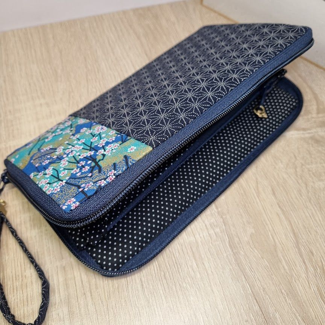 Portefeuille long zippé "Asanoha & Akina" turquoise & bleu marine