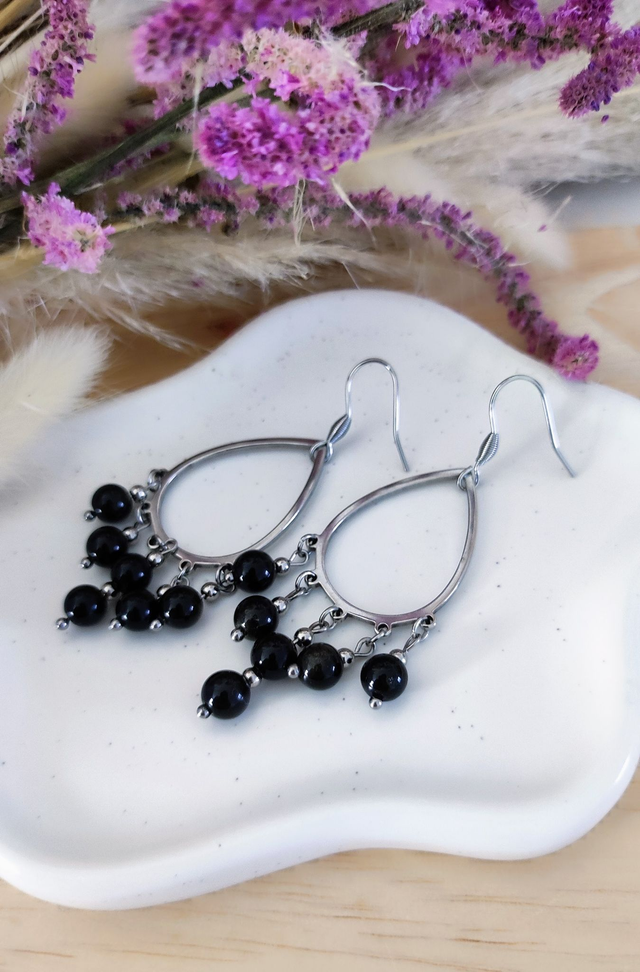 Boucles d'oreilles "Bohème" Obsidienne dorée