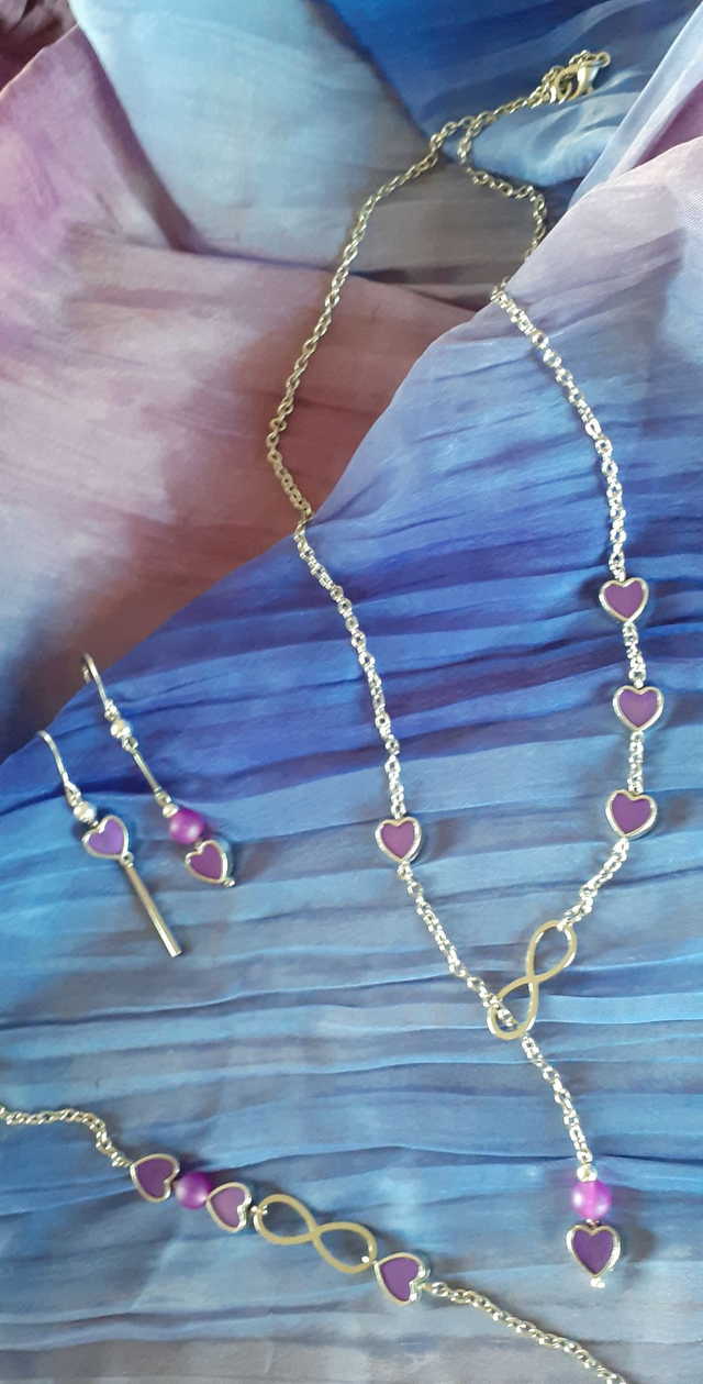 Parure argentée, Serce Collier & Boucles d'oreilles asymétriques & Bracelet, petits cœurs et perle violette