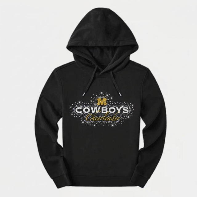 Munich Cowboys Cheerleader Hoodie – Schwarz mit Front-Glitzerplott und Strassapplikation